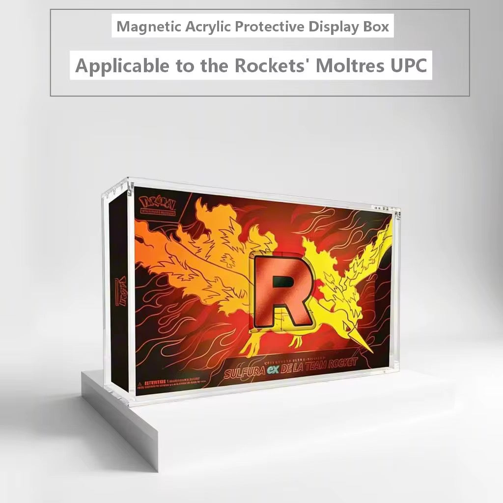Team Rocket Moltres UPC acrylic display case – with UPC box inside for scale