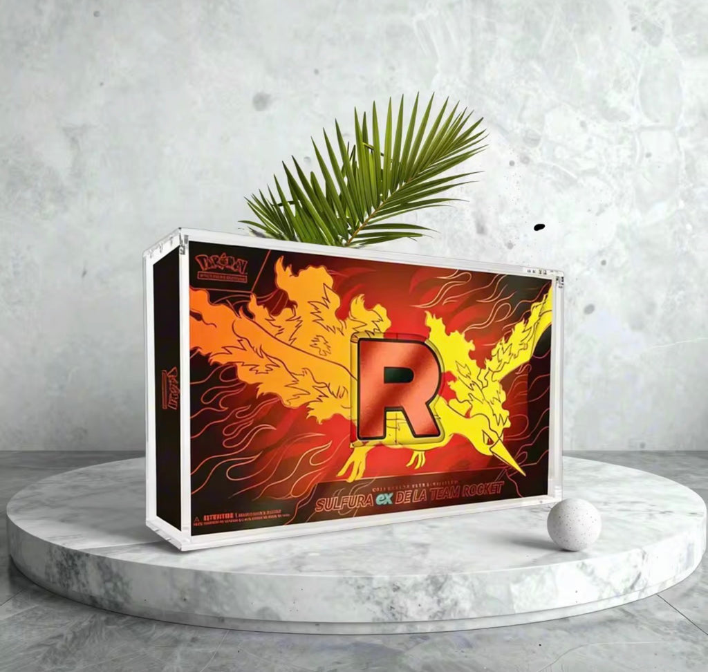 Team Rocket Moltres UPC acrylic display case – front view, clear magnetic lid